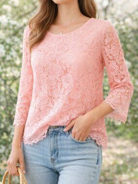 Pink Lace Blouse Size 10 Romantic Cottagecore Floral Lace Top Talbots